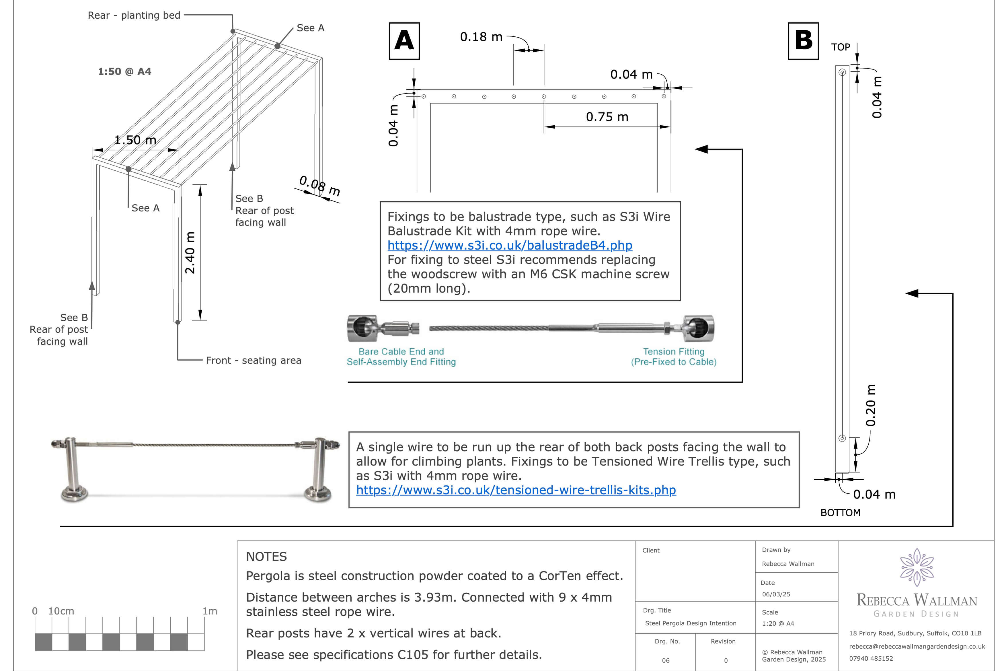alt=”Detail drawing for a bespoke steel pergola by Rebecca Wallman Garden Design for a contemporary walled garden in Suffolk.”